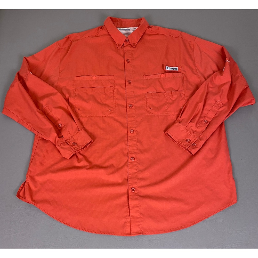 Columbia PFG Fishing Shirt Men's XXL Orange Long Sleeve Omni-Shade Vented Back